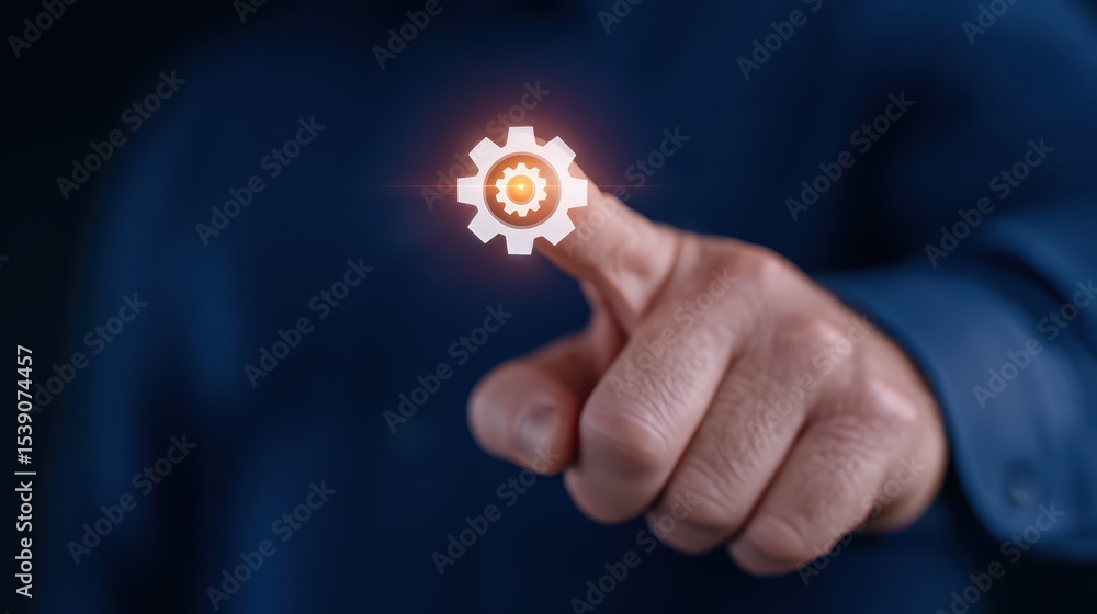 Aufkleber man touching gear icon representing automation and technology in digital innovation concept