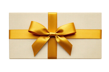 Elegant gift box with golden ribbon, perfect for special occasions like birthdays or anniversaries. box is wrapped in textured cream paper, adding touch of luxury and sophistication