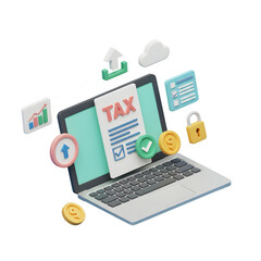3D illustration of a laptop with a tax document on the screen, surrounded by digital icons like cloud upload, representing online tax filing and security. PNG transparent background.