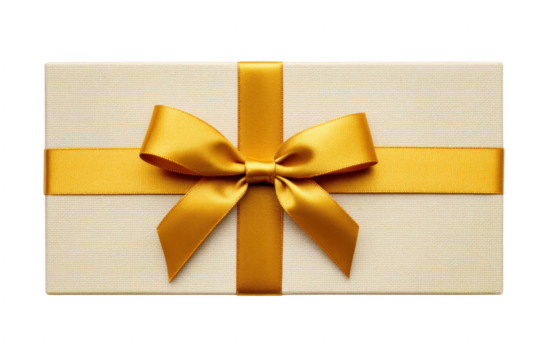Elegant gift box with golden ribbon, perfect for special occasions like birthdays or anniversaries. box is wrapped in textured cream paper, adding touch of luxury and sophistication
