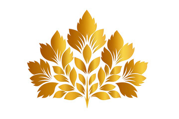 Golden leaf pattern with intricate design, featuring symmetrical arrangement and elegant details, perfect for decorative purposes or artistic projects. metallic sheen adds luxurious touch