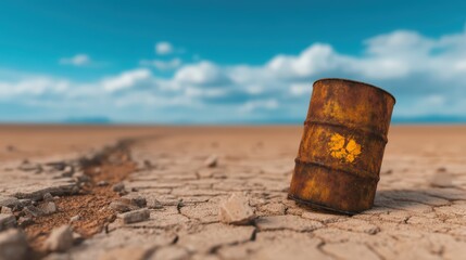 Naklejka premium Rusty Barrel on Dry Cracked Earth Under a Clear Blue Sky with Dramatic Clouds in a Desert Landscape