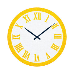 Round wall clock with yellow border and Roman numerals displays classic design. clock hands are black, contrasting with white face, creating timeless and elegant appearance
