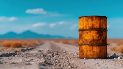 Naklejka premium Rusty Metal Barrel on a Deserted Road in a Vast Arid Landscape with Blue Sky and Mountains in the Background