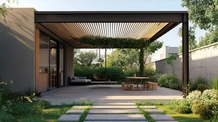 Modern pergola offering shade at the terrace entrance of a new residential building