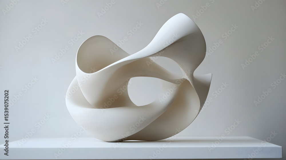 Poster abstract sculpture with smooth, twisting form on white shelf and minimalist background