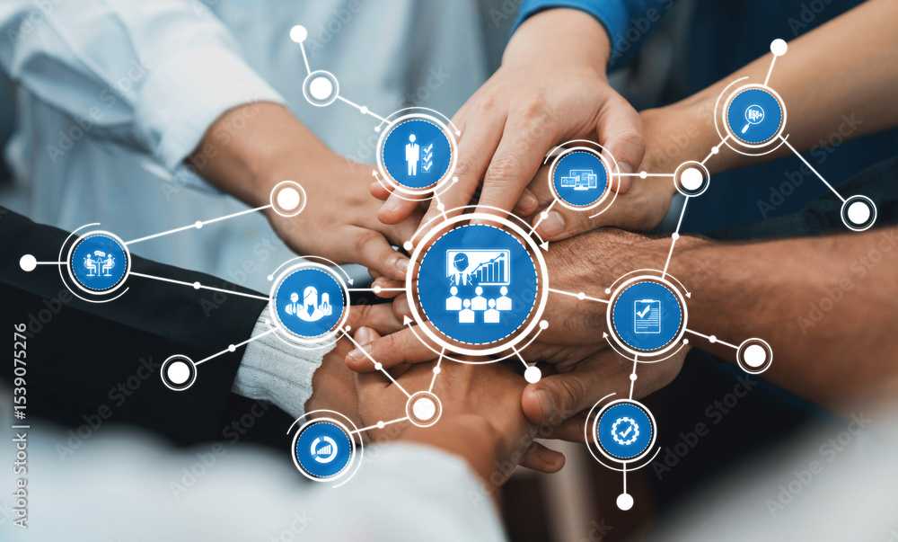 Aufkleber this image showcases collaborative management through hands joining together, symbolizing teamwork a