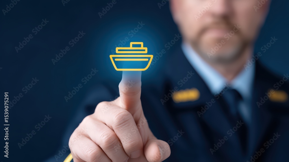 Poster man in uniform using finger to interact with virtual ship icon on dark background