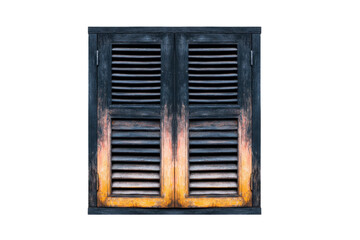 Rustic wooden window shutter with weathered appearance, featuring horizontal slats and gradient of dark blue to warm orange tones, creating vintage and cozy feel