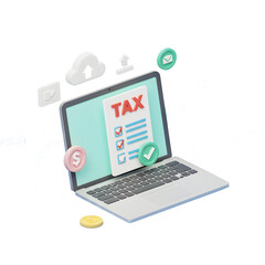 3D illustration of a laptop with a tax document on the screen, surrounded by digital icons like cloud upload, representing online tax filing and security. PNG transparent background.