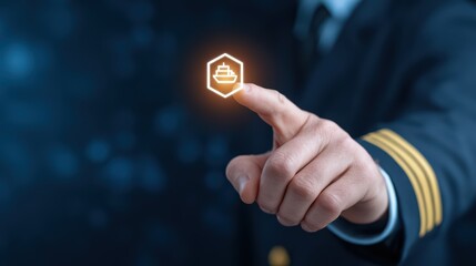 Captain in Uniform Using Touchscreen with Ship Icon for Navigation Concept in Maritime Technology