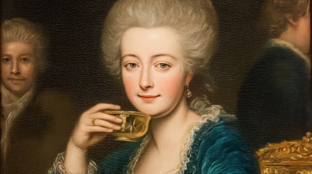 Living painting of a Versailles court lady enjoying tea