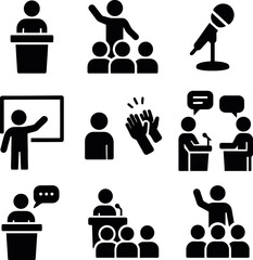 Silhouette icons of people giving speeches, debating, clapping, and presenting with slides.