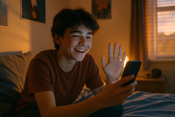A young man is smiling and waving at the camera while holding a cell phone
