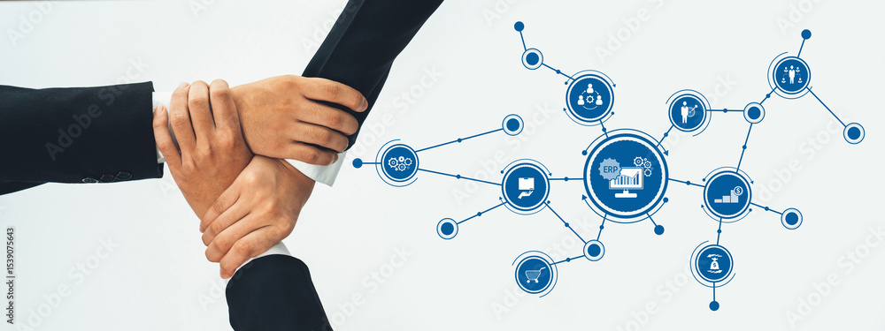 Aufkleber visual representation of business collaboration with hands uniting over a digital network, symbolizi