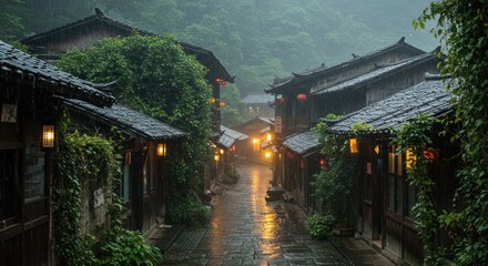 Rainsoaked Asian village street lights glow