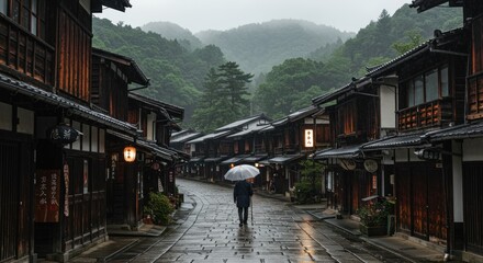Rainy village scene with umbrella figure