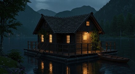 Fototapeta premium Secluded cabin glows amidst mountains lake