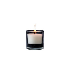 Lit white candle in clear glass holder emits warm, calming glow against transparency background, creating serene and peaceful atmosphere