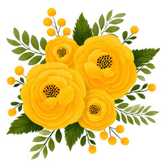 Yellow roses with green leaves and small yellow buds create vibrant floral arrangement, exuding cheerful and lively atmosphere. detailed petals and foliage add touch of elegance