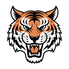 Ferocious red stylized tiger head with symmetrical black and white tribal pattern design