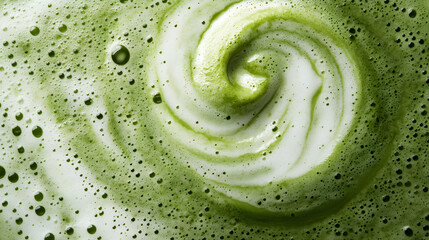 frothy matcha latte with its signature vibrant green color and delicate swirling foam patterns, a macro and full-frame texture shot, close-up texture, top view