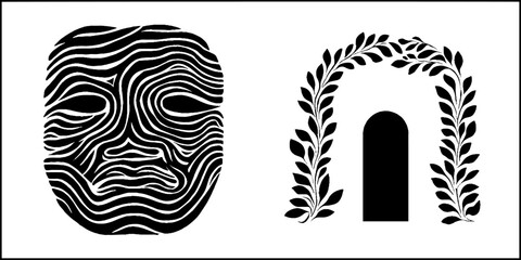 Abstract design of chimera face and laurel-adorned stone gate for artistic inspiration