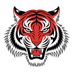 Roaring orange tiger head illustration with fierce expression in bold symmetrical style