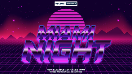 Miami night 80s and 90s retro style 3d editable vector text effect. Neon vaporwave and futuristic typography for digital designs. 