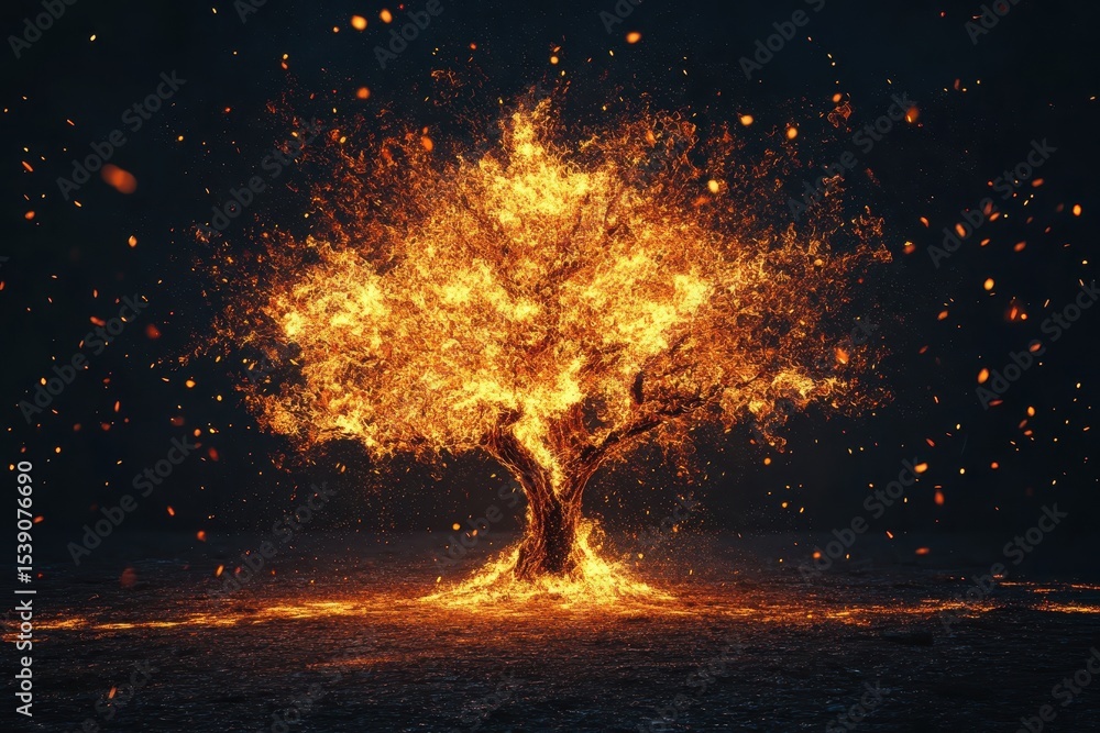 Poster burning tree illuminated by flames and surrounded by flying sparks in a dark environment, burning tr