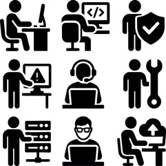 Black pictogram icons of IT professionals coding, supporting, managing servers and security tasks.