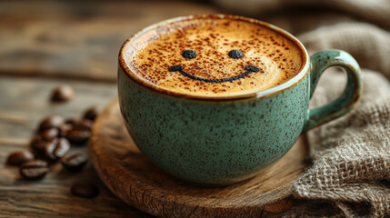 Cup of coffee with cinnamon sticks and coffee beans on the table