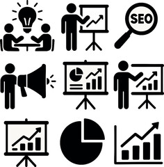 Black pictogram icons of business marketing, graph presentations, SEO and data analysis.