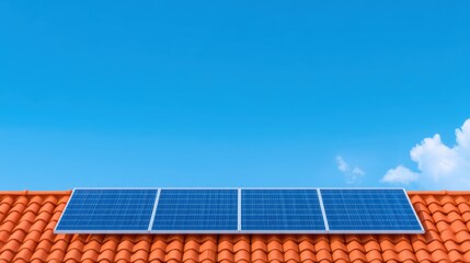 Fototapeta premium Solar Panels on Orange Roof Against Clear Blue Sky with Clouds Above for Renewable Energy Concept
