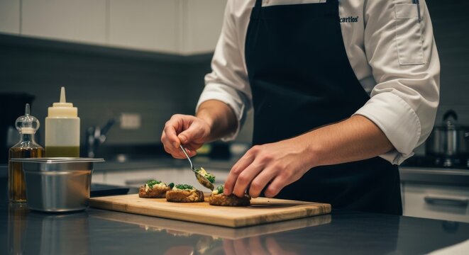 A chef preparing a dish in a modern kitchen.