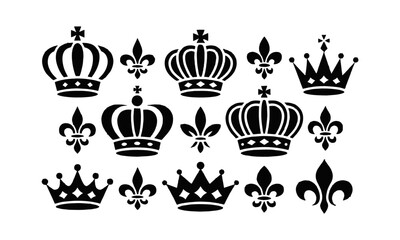 Vector illustration featuring an elegant collection of black royal crowns and fleur-de-lis symbols, Incorporate various symmetrical and asymmetrical crown designs, easily editable and scalable.