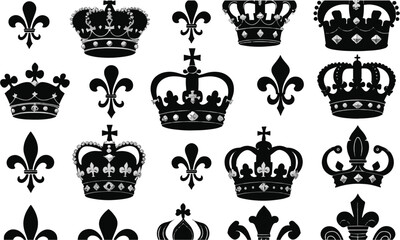 Obraz premium Vector illustration featuring an elegant collection of black royal crowns and fleur-de-lis symbols, Incorporate various symmetrical and asymmetrical crown designs, easily editable and scalable.