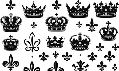 Vector illustration featuring an elegant collection of black royal crowns and fleur-de-lis symbols, Incorporate various symmetrical and asymmetrical crown designs, easily editable and scalable.