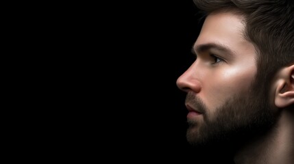 Obraz premium Side profile portrait of a handsome young man with styled hair and stubble on black background, professional studio lighting.