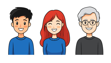 Fototapeta premium Smiling Trio Illustration: A cheerful illustration captures a portrait of three distinct individuals, each radiating a warm smile, creating a sense of joy and togetherness.