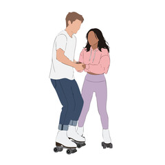Minimalist Flat Style Roller Skate Couple Leisure Activity Illustration