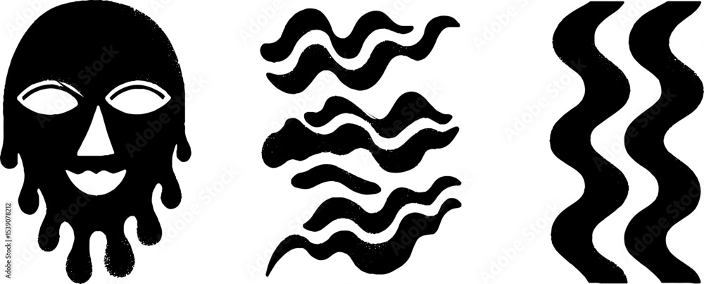 Poster creative abstract set with dripping mask and dynamic flame swirls and zigzags