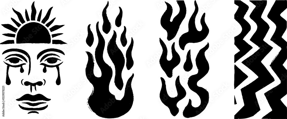 Poster surreal art set with dripping mask, flame swirl, and zigzag patterns for creative design