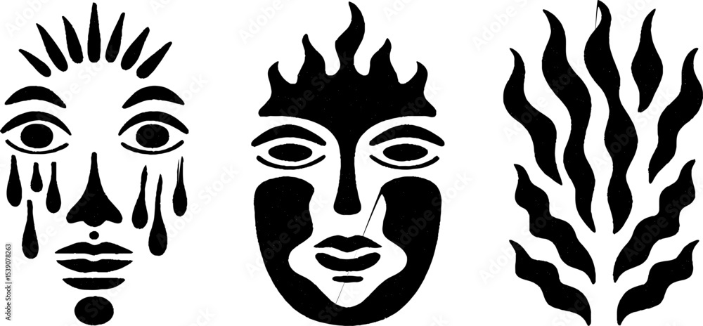 Poster abstract mask designs with dripping elements, flames, and zigzag patterns