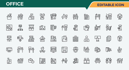 Office icon set. Job line icon set. Modern vector UI icons. Included business, workspace, meeting, workplace, employee and more. Editable stroke. Vector collection.
