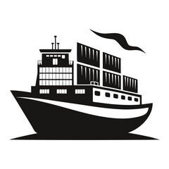 Obraz premium Stylized Silhouette of a Cargo Ship at Sea Transporting Goods with Distinctive Design and a Bird Flying Nearby in Minimalist Black and White
