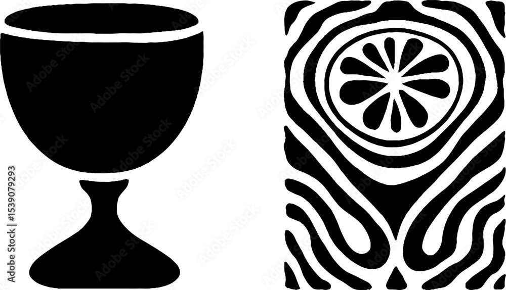 Poster artistic goblet design with fig wedge and embroidered cloth patterns for creative projects