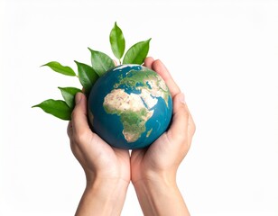 Hands Holding a earth Globe with Green Leaves