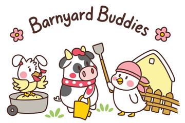 Naklejka premium Cute doodle farm animals cow pig and chicken friends