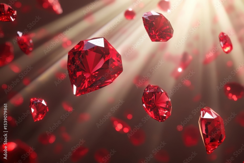 Poster red ruby brilliants fall gracefully in radiant beams of light creating a stunning visual display, re